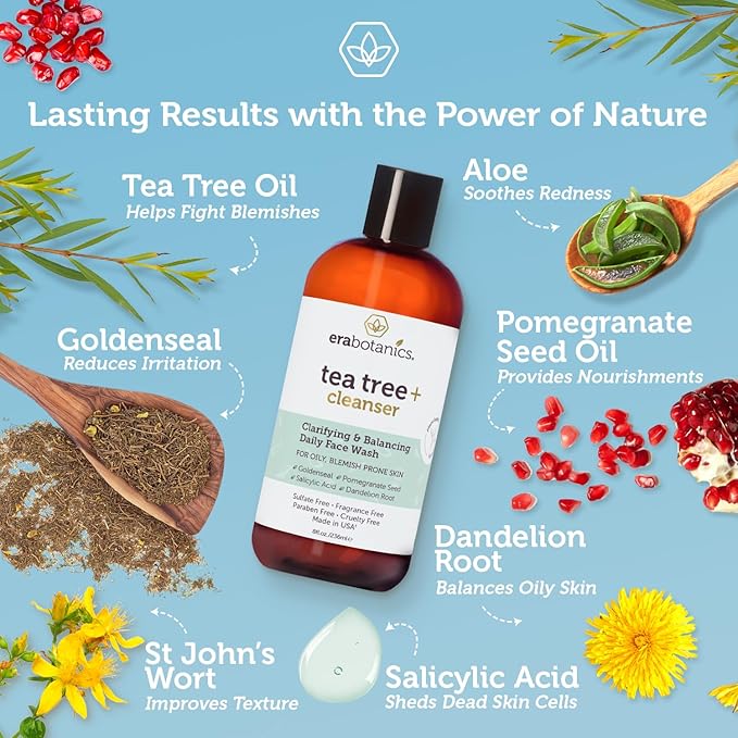 Era Organics Purifying Tea Tree Oil Face Wash - Balancing Cleanser for Oily, Blemish-Prone Skin with Salicylic Acid - Sulfate-Free, Fragrance Free, Made in USA-FemmiqueWomen