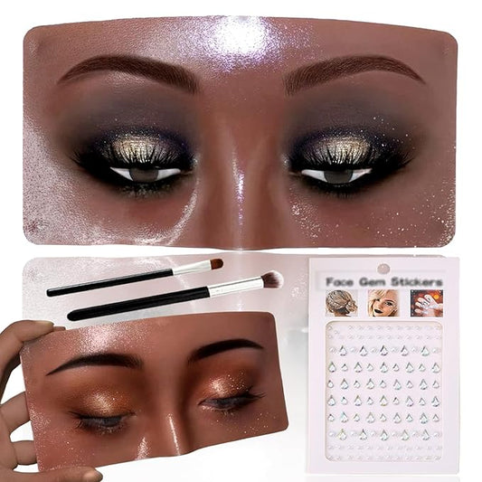 Silicone Makeup Mannequin Face, Makeup Practice Face Board for Makeup Artist Supplies, Mannequin Face for Makeup Practice with Makeup Brushes Rhinestones Sticker(Black)-FemmiqueWomen