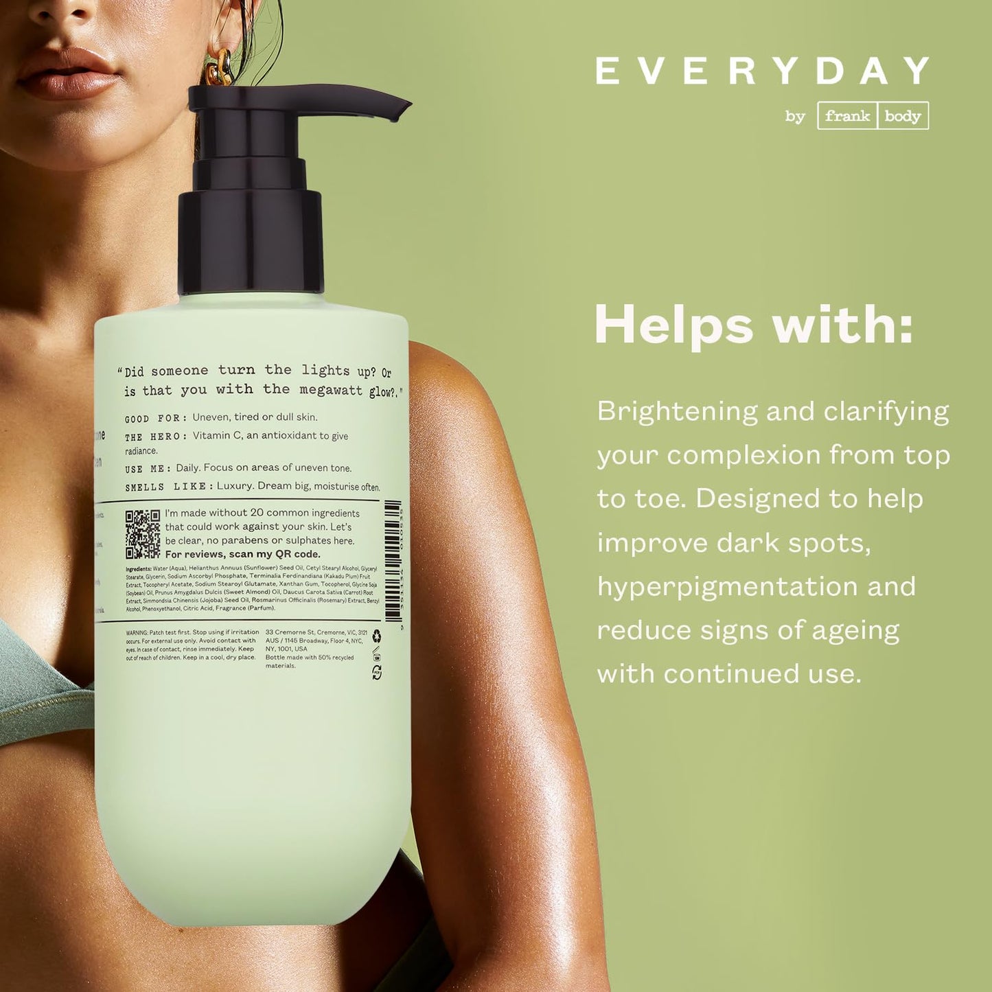 frank body Brightening Body Lotion | Evens Tone, Brightens Dark Spots & huperpigmentation | Vitamin C, Kakadu Plum & Vitamin B5 | Bamboo & Camellia Scent | Vegan & Cruelty Free | 250ml / 8.45 fl oz-FemmiqueWomen