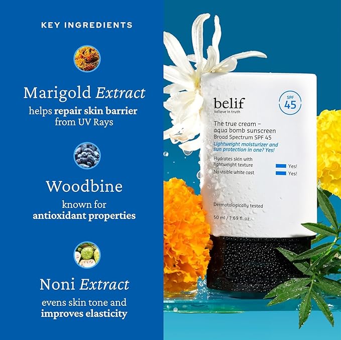 belif Aqua Bomb SPF 45 Hydrating Niacinamide Sunscreen (1.69 fl. oz) - The True Cream PA++++, Daily Broad Spectrum, No White Cast, Weightless & Invisible, Non-Greasy, Korean Skincare-FemmiqueWomen
