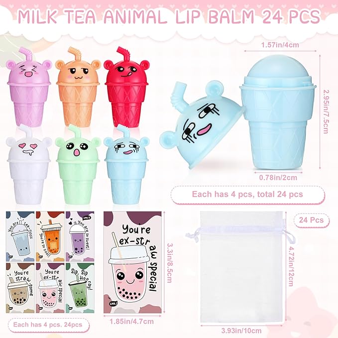 24 Sets Milk Tea Shaped Cute Lip Balm Fruit Flavored Lip Balm with Milk Tea Theme Gift Cards Milk Tea Boba Lover Birthday Baby Shower Party Inspirational Gifts Favors for Girls Kids Women-FemmiqueWomen