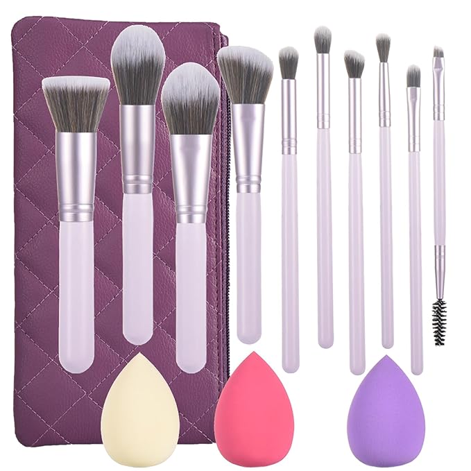 10 Piece Purple Makeup Brushes Set and 3 Piece Makeup Sponge - Wooden Handle with Soft Synthetic Bristles, for Face & Eye Makeup | Professional Cosmetic Brushes | Includes Travel Pouch-FemmiqueWomen