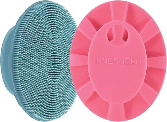 INNERNEED Silicone Face Scrubber, Exfoliating Brush Manual Handheld Facial Cleansing Brush Blackhead Remover, Food-Grade Soft Bristles (Dark Green+Pink)-FemmiqueWomen