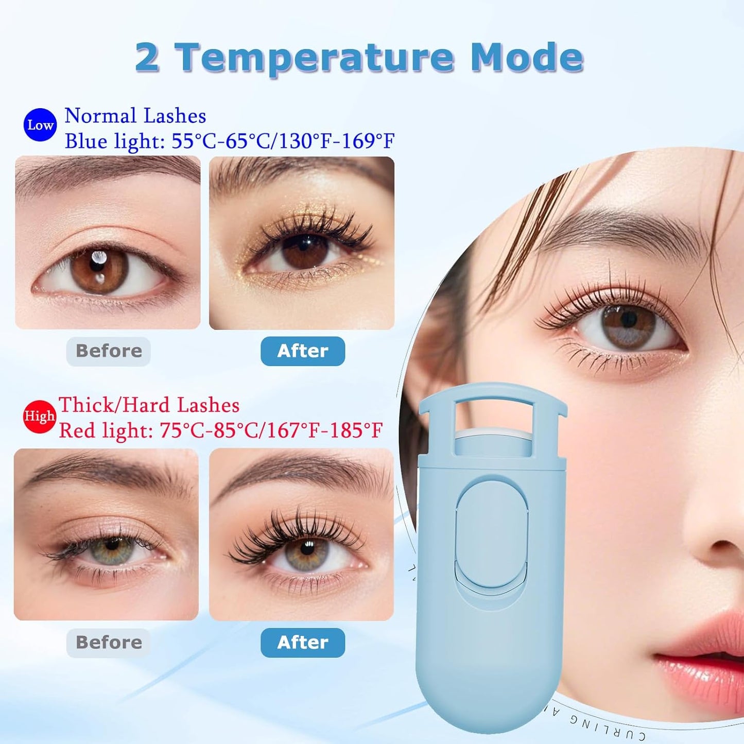 Heated Eyelash Curler - Wide Open Dual-Arc Design Heated Lash Curler - Electric Eyelash Curler - Type-C Rechargeable Mini Lash Curler Natural Curling 24H Long Lasting for Women - Blue-FemmiqueWomen