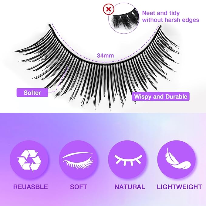 Wispy False Eyelashes Kit With Bond, Seal and Tweezer, 7 Pairs Natural Look Fake Cat Eye Lashes Strips Thin Band Extensions Waterproof Easy Eyelashes for Beginners DF2-FemmiqueWomen