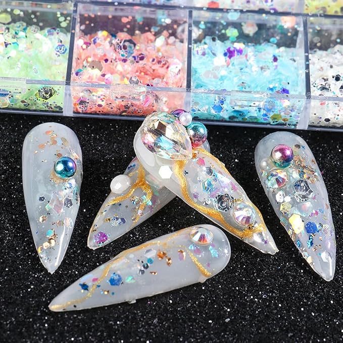 12 Grids Flaky Nail Art Glitter Sequins 3D Heart-Shaped Butterfly Ultra Thin Nail Art Sparkly Flake Designs Moon Stars Decorations Nail Glitter Sequins Suitable for Female Girl Nail Art Techniques-FemmiqueWomen