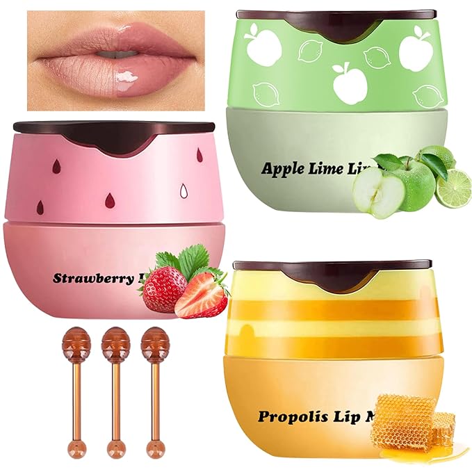 3Pcs Lip Balm Honey Pot with Stick, Honey Strawberry Apple Moisturizing and Hydrating Sleeping Lip Mask, Day and Night Repair and Care, Improve Lip Color, Reduce Lip Lines (SET A)-FemmiqueWomen