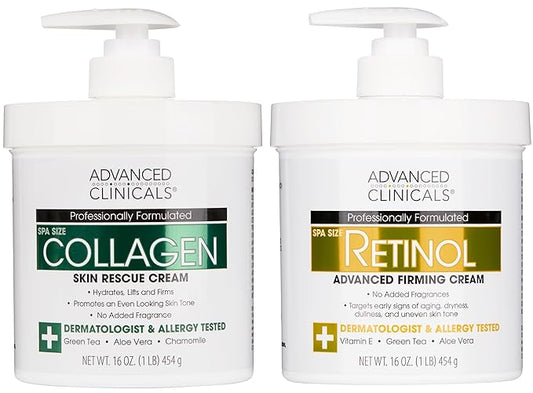 Advanced Clinicals Retinol Body Lotion + Collagen Cream Fragrance Free Face Moisturizer & Body Cream 2pc Skincare Set For Women & Men Helps Reduce Appearance Of Crepey Skin, Wrinkles, & Dry Skin, 2pc-FemmiqueWomen