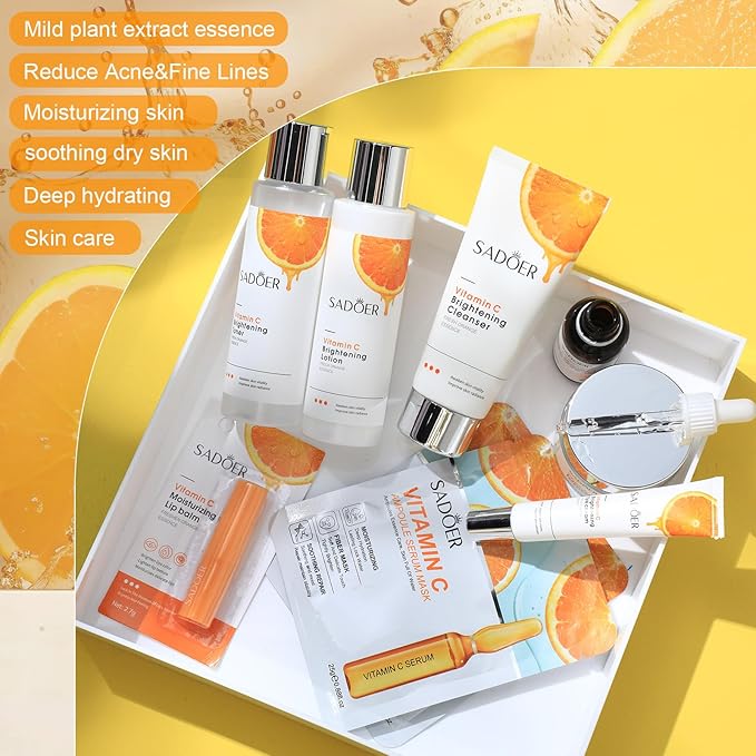 10 Pcs Skin Care Sets Face Care Set for Women Includes 1 Pcs Cleanser, Toner, Lotion, Eye Cream, Serum, Face Cream, Lip Balm and 3 Facial Masks Skincare Gift for Girls (Vitamin C)-FemmiqueWomen