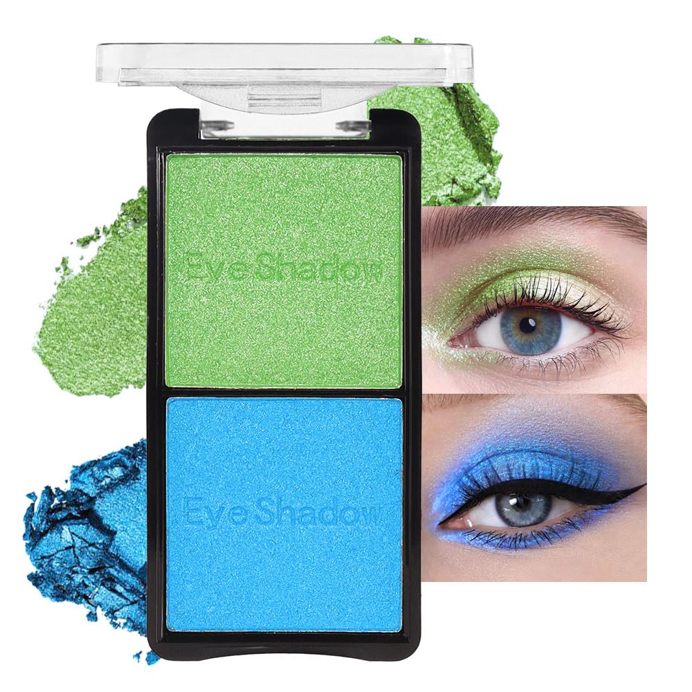 2 colors eye shadow makeup palette, Blue & Green Eyeshadows Halloween Birthday Party Wear, high pigment eye, matte & shimmer metal eye shadow powder, Blendable, Ultra-Pigmented(02)-FemmiqueWomen