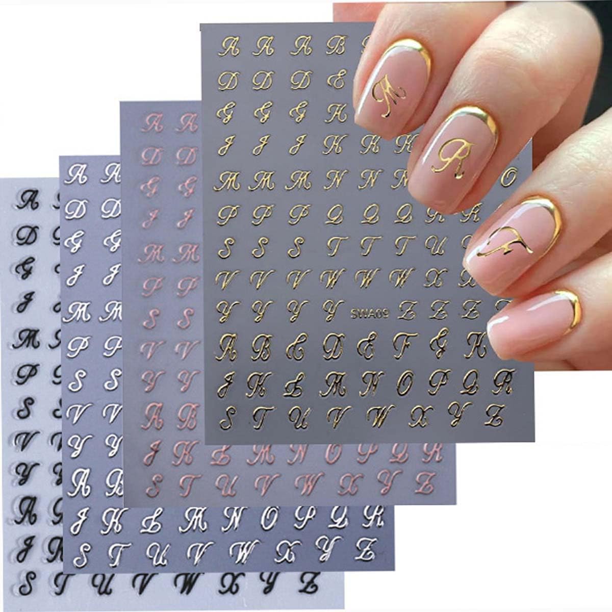 12 Sheets Star Nail Stickers Moon Letter Nail Art Stickers 3D Embossed Self Adhesive Nail Decals Rose Gold Silver Holographic Nails Design Nail Art Decals for Women Manicure DIY Decoration-FemmiqueWomen