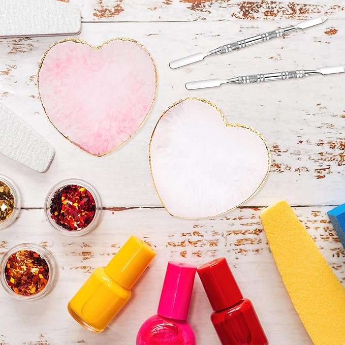 2 Pcs Resin Nail Art Palette and 2 Pcs Nail Brush, Color Palettes Cosmetic Mixing Tools, Nail Polish Palette with Stainless Stirring Rod for Nail Salons and Beginners (White, Pink)-FemmiqueWomen