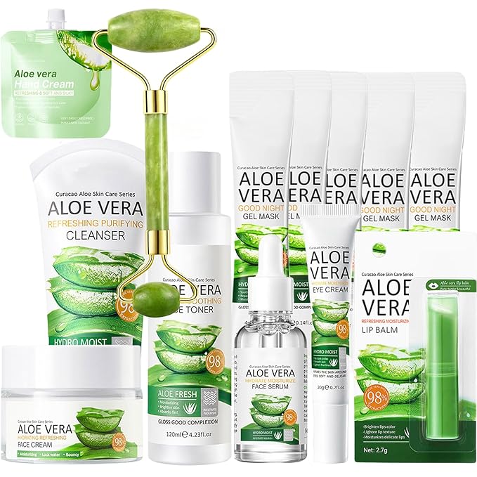 13Pcs Skin Care Products Set, Aloe Vera Skin Care Sets, Skin Care Gift Set for Women Girls, Skincare Routine Set, Face Care Kit for Dry Skin, Hydrating Moisturizer, Cleanser, Face Massage Roller-FemmiqueWomen