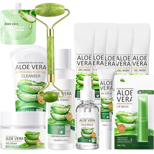 13Pcs Skin Care Products Set, Aloe Vera Skin Care Sets, Skin Care Gift Set for Women Girls, Skincare Routine Set, Face Care Kit for Dry Skin, Hydrating Moisturizer, Cleanser, Face Massage Roller-FemmiqueWomen