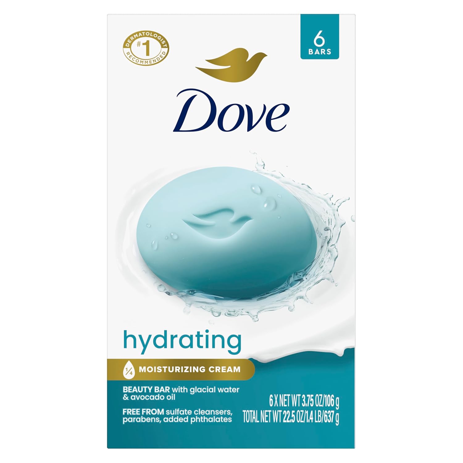 Dove Beauty Bar 6 Pack Hydrating with Glacial water & Avocado oil Cleanses & Hydrates 3.75 Oz-FemmiqueWomen