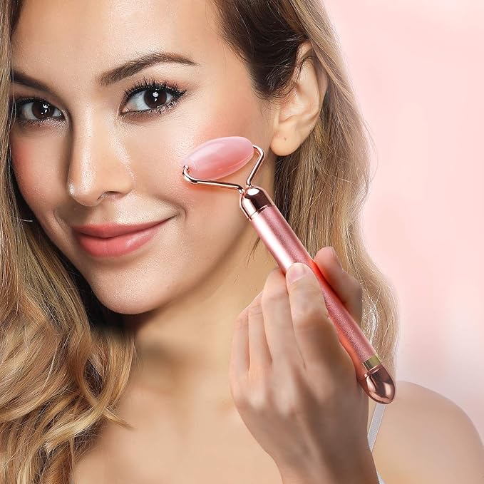 2-IN-1 Electric Jade Roller Massager Facial Roller & Face Massager, Rose Quartz-FemmiqueWomen