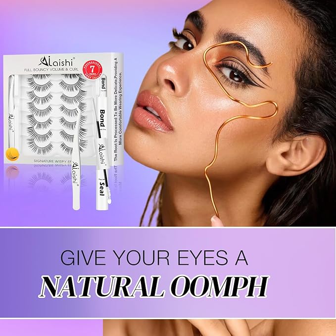 Wispy False Eyelashes Kit With Bond, Seal and Tweezer, 7 Pairs Natural Look Fake Cat Eye Lashes Strips Thin Band Extensions Waterproof Easy Eyelashes for Beginners DF1-FemmiqueWomen