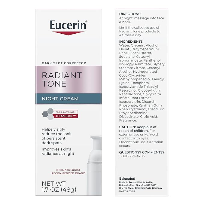 Eucerin Radiant Tone Night Cream, Dark Spot Corrector with Thiamidol, Night Moisturizer for Face Helps Visibly Reduce the Look of Persistent Dark Spots, All Skin Types, 1.7 Oz Bottle-FemmiqueWomen