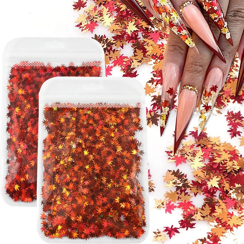 3D Fall Maple Leaf Nail Art Decals Charms for Nails, 3D Holographic Glitters Meteillc Red Yellow Nail Art Sequins Flakes for Women DIY Manicures Salon Accessories 2 Bag-FemmiqueWomen