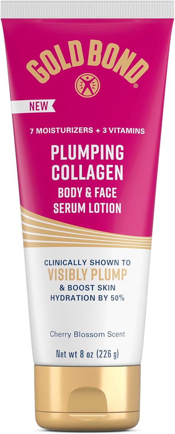 Gold Bond Plumping Collagen Body and Face Serum Lotion, Lightweight Hydrating Moisturizer with Collagen Peptide Complex, Jojoba and Grapeseed Oils to Visibly Plump Skin, Cherry Blossom Scent, 8 oz-FemmiqueWomen