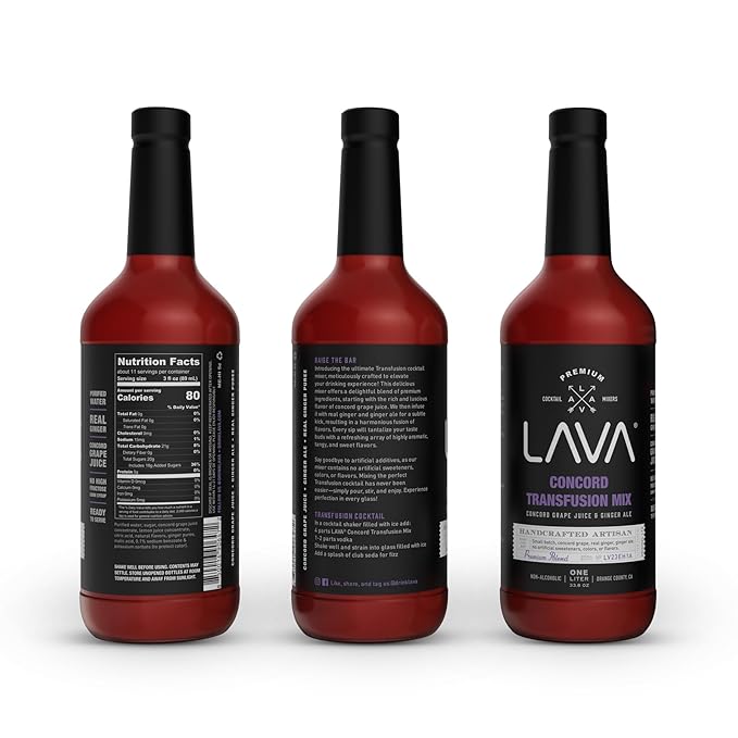 (3 Pack) LAVA Premium Concord Transfusion Mix made with concord grape juice, real ginger, ginger ale, no artificial sweeteners, 1-Liter (33.8oz) Glass Bottle, Ready to Use.-FemmiqueWomen