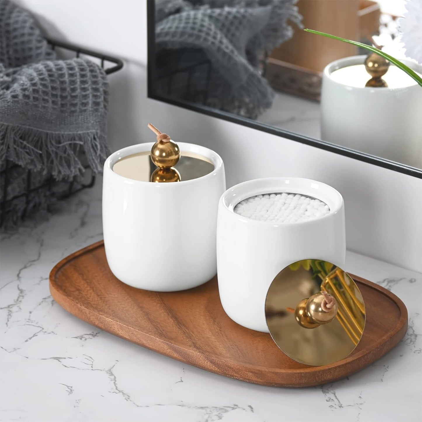 2 Pack Ceramic Qtip Holder Dispenser with Gold Lids, White Apothecary Jars Bathroom Vanity Organizer for Home Decor - Bathroom Canister for Cotton Swabs, Rounds, Balls, Makeup Sponges, Bath Salts-FemmiqueWomen
