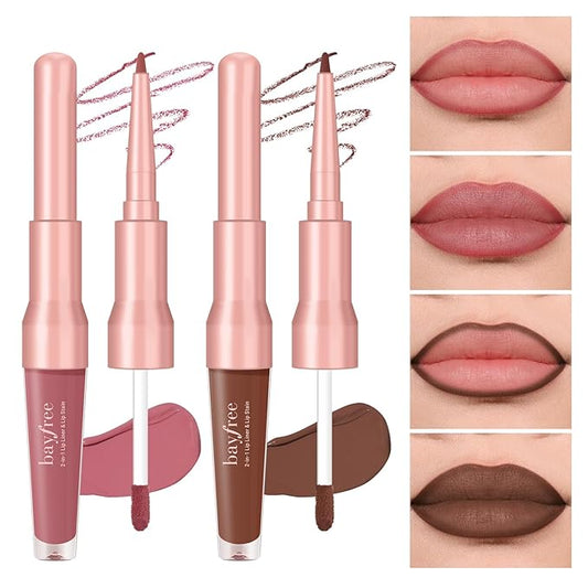 2 PCS Lip Liner and Lip Stain Combo Set, High Pigmented Long Lasting Velvet Lip Tint, Well-Defined Lipliner, Weightless Waterproof Not Animal Tested, Matte Finish Makeup-FemmiqueWomen