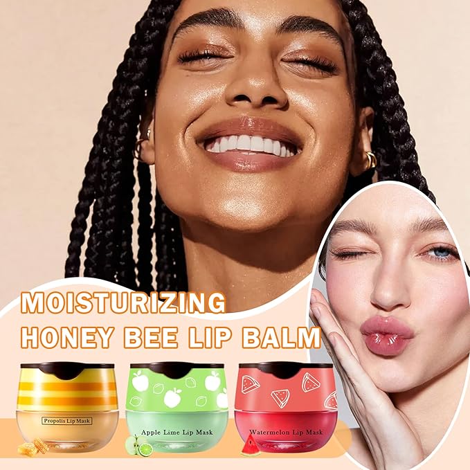 3PCS Bee Lip Balm Honey Pot Honey Watermelon Green Apple Lip Balm Lip Sleeping Mask Moisturizing Hydrating Bee Lip Balm Lip Care Products for All Skin Types (Honey Watermelon Green Apple)-FemmiqueWomen