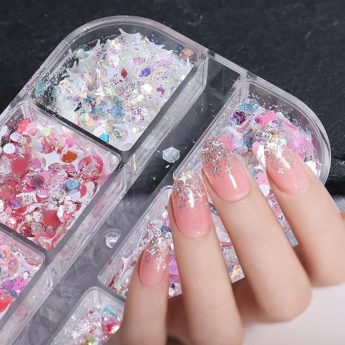 12 Grids Star Nail Art Glitter Sequins Heart Shaped Mermaid Nail Sequins Holographic Mermaid Nail Flakes Sticker Sequin Heart Nail Art Glitter for Women DIY Acrylic Nail Decoration-FemmiqueWomen