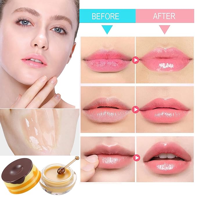 2Pcs Bee Lip Balm Honey Pot, Honey & Strawberry Lip Balm Moisturizing Lip Sleep Mask with Stick Hydrating & Prevention Dry and Cracked Lip Scrubs Exfoliator, Reduces Lip Lines-FemmiqueWomen