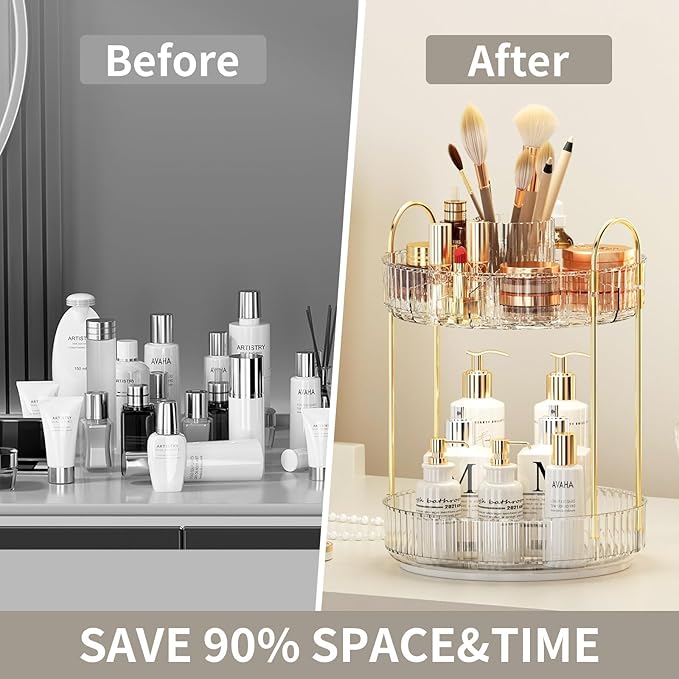360° Rotating Makeup Organizer, Large-Capacity Skincare Make Up Storage 2 Tier Perfume Organizers Cosmetic Dresser Organizer with Makeup Brush Holder, Fits Bedroom, Bathroom, Vanity Shelf Countertop-FemmiqueWomen