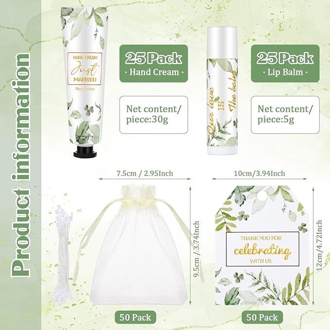 25 Set Wedding Lip Balms and Hand Cream Gift Set Include 25 Moisturizing Hand Care Cream 25 Lip Balms with Thank You Cards and Bags Bridesmaid Gift Set for Bridal Shower Wedding(Greenery)-FemmiqueWomen