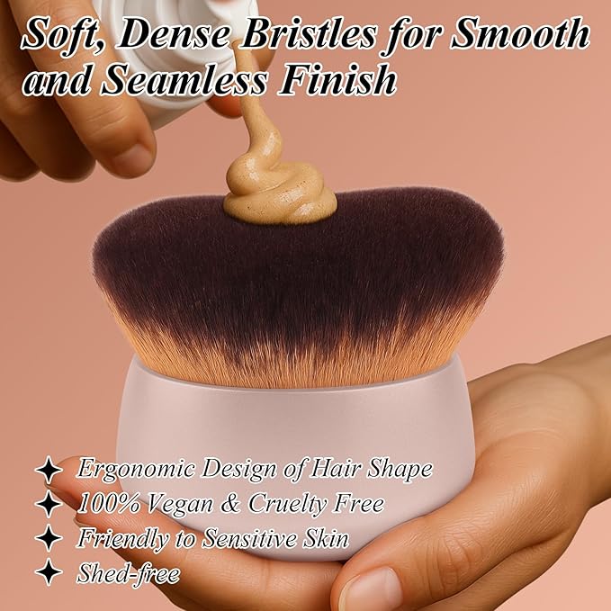 75MM Extra Large Self Tanner Kabuki Makeup Brush – Ultra Soft Dense Vegan Bristles for Body Makeup, Bronzer & Foundation–Applies Tanning Mousse, Lotion & Self Tanner–Khaki, Wet & Dry-FemmiqueWomen