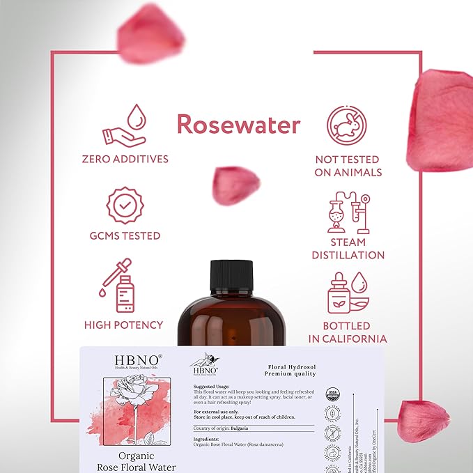 HBNO California Bottled Organic Rose Water for Face Huge 16 fl oz (480ml) Value Size - USDA Certified for Face - Pure Rose Water for Hair - Rosewater for Skincare, Haircare-FemmiqueWomen