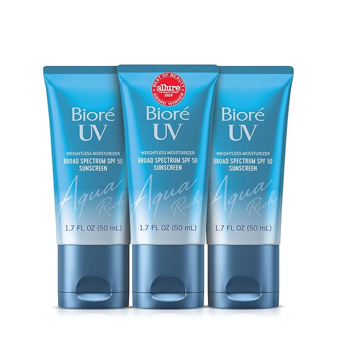Biore UV Aqua Rich Daily Hydrating Facial Moisturizer with SPF 50 | Oil Free Sunscreen & Primer for Makeup with Hyaluronic Acid, No White Cast, Non-Comedogenic, For Sensitive Skin, 1.7 Oz, 3pck-FemmiqueWomen