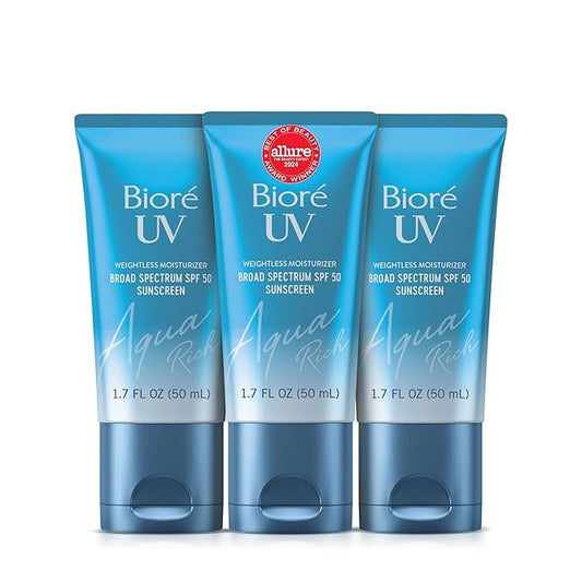 Biore UV Aqua Rich Daily Hydrating Facial Moisturizer with SPF 50 | Oil Free Sunscreen & Primer for Makeup with Hyaluronic Acid, No White Cast, Non-Comedogenic, For Sensitive Skin, 1.7 Oz, 3pck-FemmiqueWomen