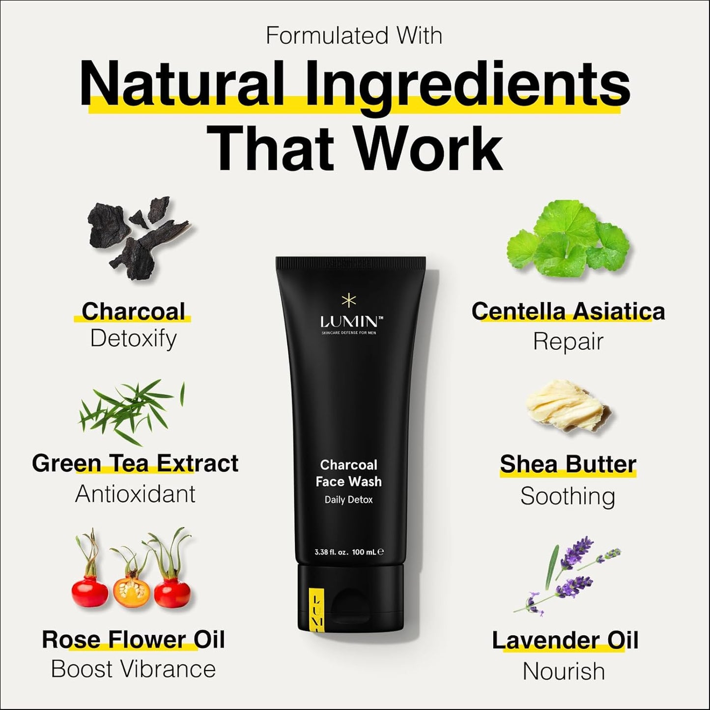 Lumin Charcoal Face Wash for Men Skincare - Daily Detox, Hydrating Face Cleanser, Removes Impurities, Exfoliates, Unclogs Pores, Controls Oil, Soothes Irritation, All Skin Types, 1 Pack-FemmiqueWomen