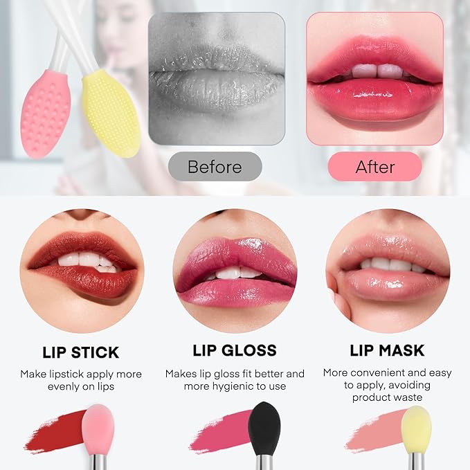 Unaone Lip Scrub Brush - 3 PCS Dual-ended Lip Scrubber Exfoliator and Silicone Lip Brush, 2-in-1 Silicone Lip Scrub Tool Lip Mask Applicator, Gentle Exfoliator & Applicator for Soft-FemmiqueWomen