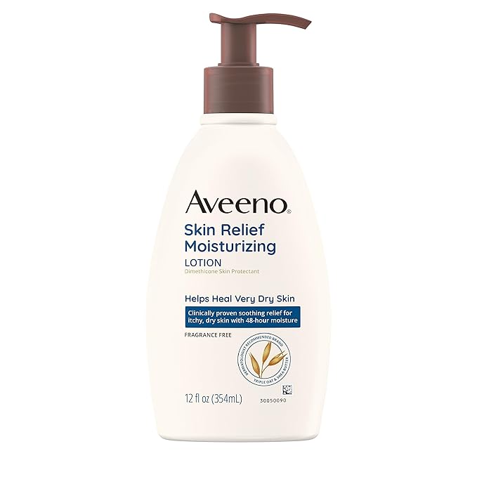Aveeno Skin Relief Moisturizing Lotion for Very Dry, Itchy Skin with Soothing Triple Oat & Shea Butter Formula, Fragrance Free, 12 Fl. Oz-FemmiqueWomen