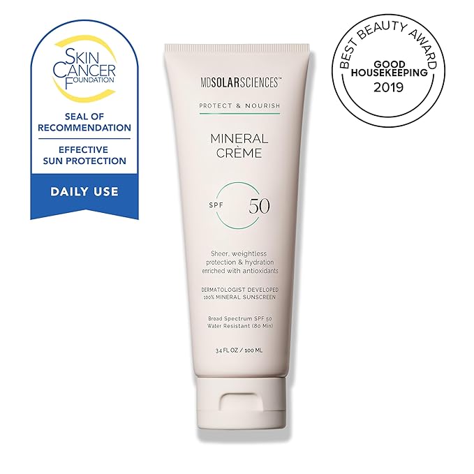 MDSolarSciences Mineral Crème Sunscreen SPF 50 | Water-Resistant, Broad Spectrum UV Protection | Zinc Oxide Formula with Antioxidants | No White Cast, Sheer Matte Finish for All Skin Types (3.4 Fl Oz)-FemmiqueWomen
