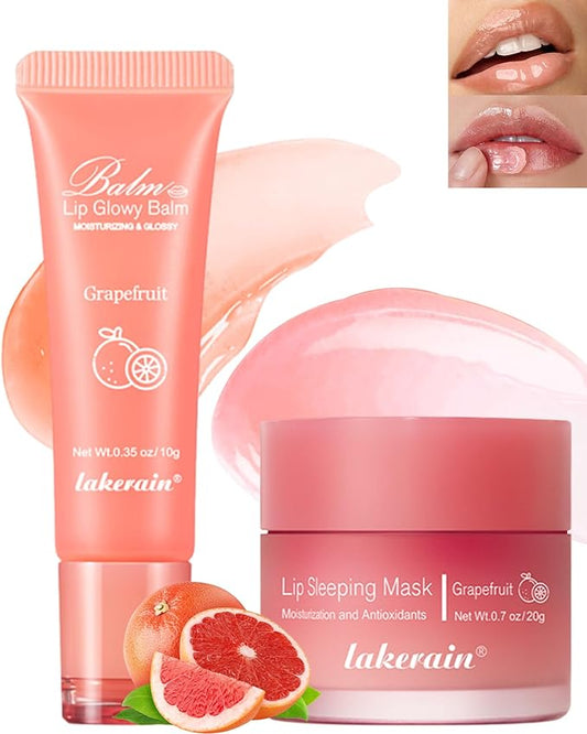 2Pcs Lip Glowy Balm & Lip Sleeping Mask Set,Hydrating Nourishing Repair Sleeping Lip Mask,Glossy Tinted Lip Balm,Day & Night Smooth Cracked Chapped Lip,Lip Care Therapy Treatment for Women-Grapefruit-FemmiqueWomen