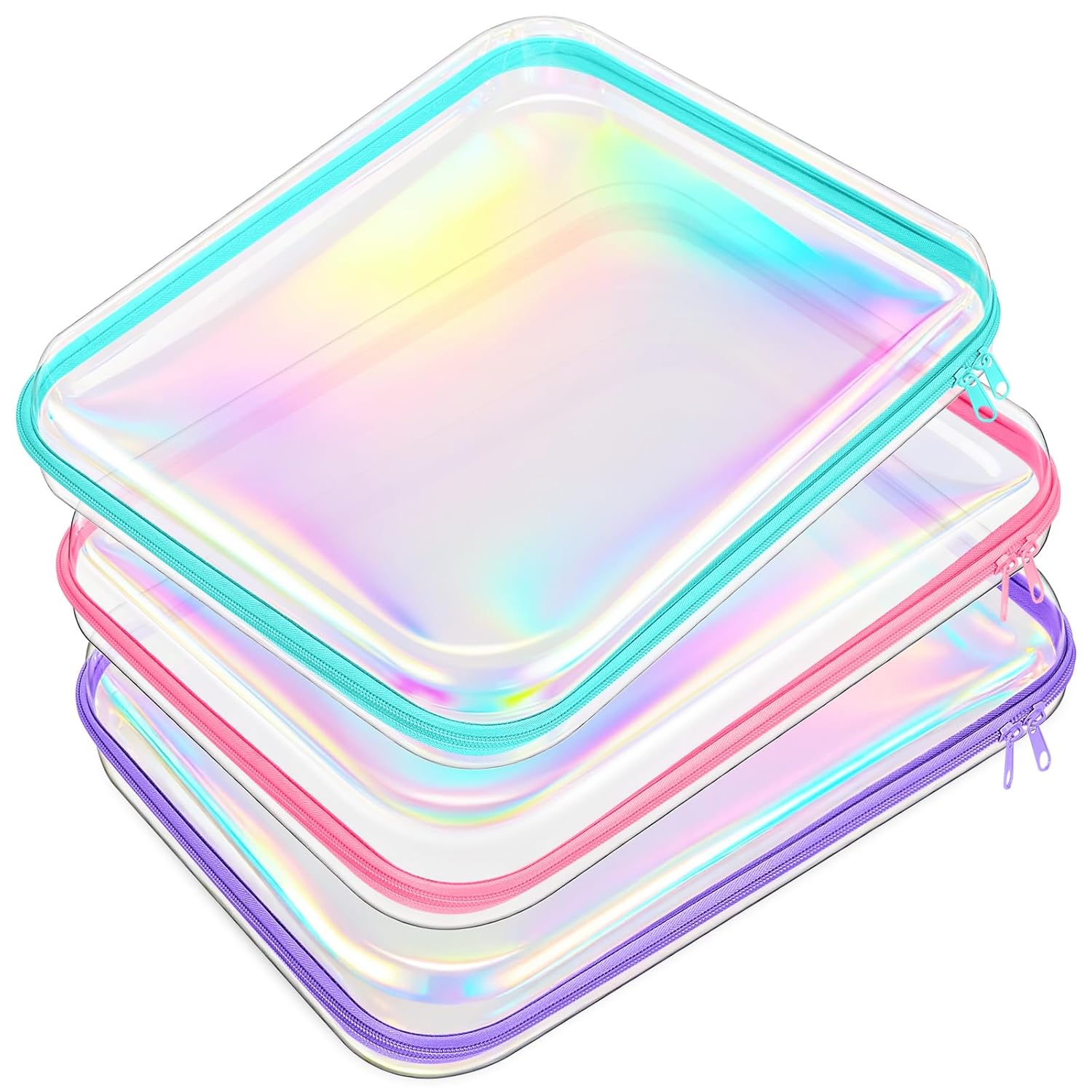 Hoolerry 3 Pcs Clear Hard Zipper Case Plastic Pouch Transparent Hard Case Clear Makeup Bag Portable Travel Organizer Bin for Cosmetics, Building Blocks, Puzzles(Laser,L)-FemmiqueWomen