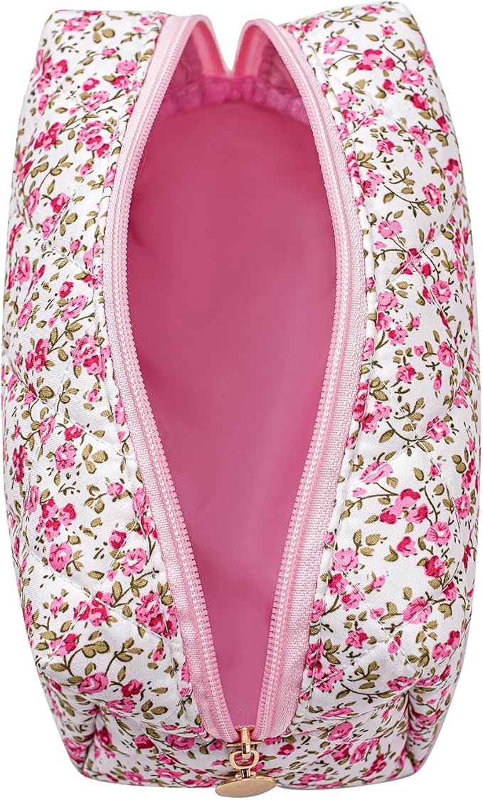 Makeup Bag Travel Cosmetic Bag for Women Girls, Zipper Make Up Pouch, Floral Flowers Toiletry Organizer Makeup, Portable Storage Cosmetic Travel Cloth Bag (Red-Floral)-FemmiqueWomen