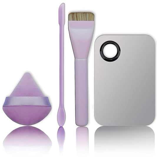 Makeup Brush Set - Flat Foundation Brush, Blender Sponge, Face Spatula, Puff & Heart-Shaped Mixing Palette with Leather Case – Complete Face Makeup Tool Kit for Blending, Foundation & Application-FemmiqueWomen