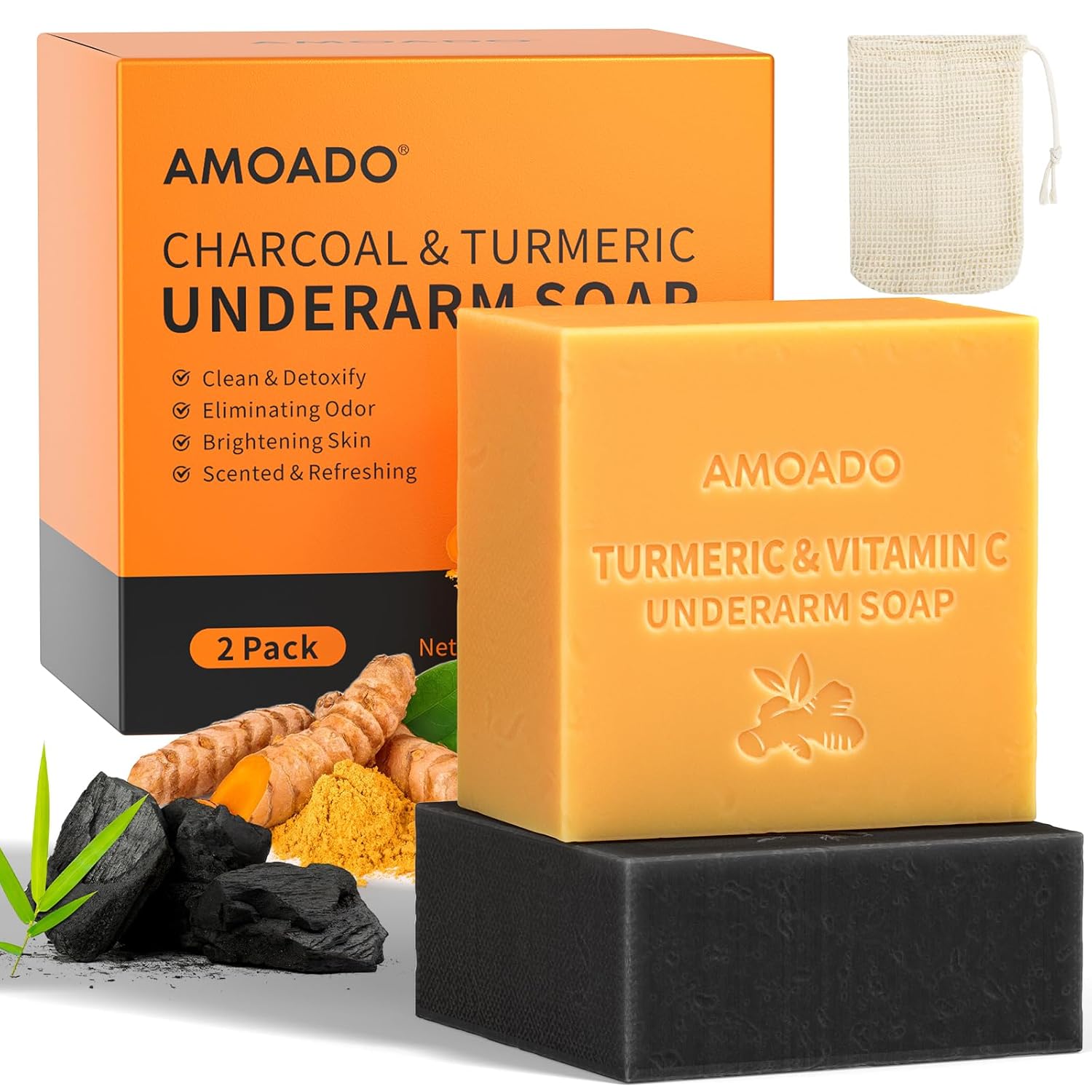 Armpit Detox Soap Set, Underarm Brightening Deodorant Soaps for Dark Armpit Remover, Eliminate Odor, Natural Turmeric Bar with VC, Charcoal Soap with Mint - included Sisal Mesh Bag-FemmiqueWomen