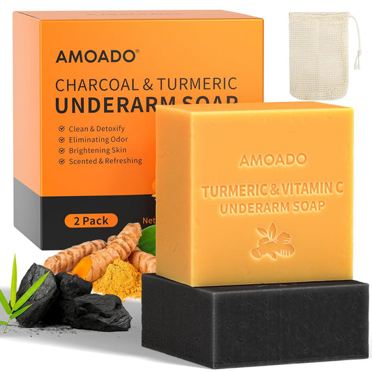 Armpit Detox Soap Set, Underarm Brightening Deodorant Soaps for Dark Armpit Remover, Eliminate Odor, Natural Turmeric Bar with VC, Charcoal Soap with Mint - included Sisal Mesh Bag-FemmiqueWomen