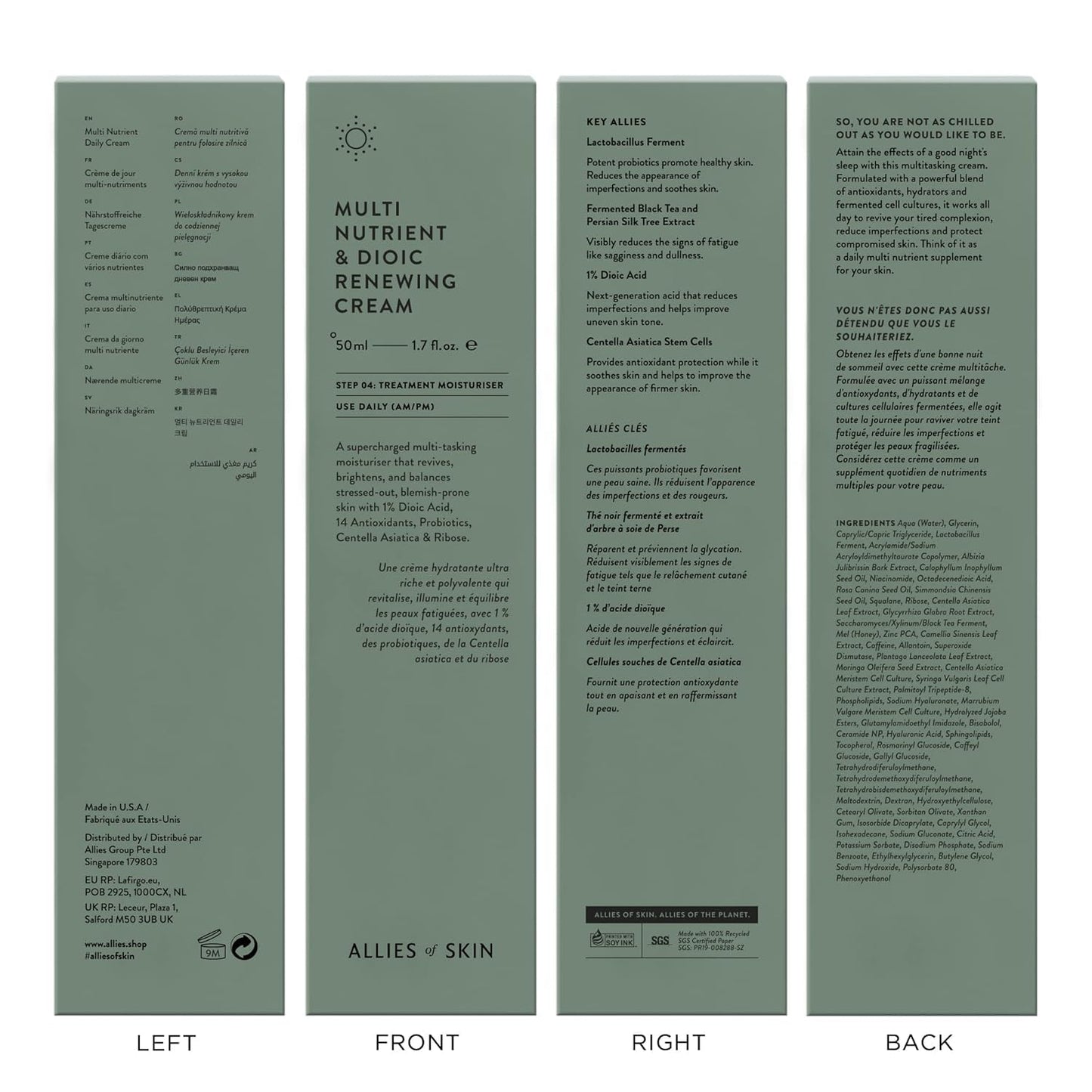 Allies of Skin Multi Nutrient & Dioic Renewing Cream: Moisturizer with Dioic Acid, 14 Antioxidants, Probiotics & Centella Asiatica. Targets Imperfections, Brightens & Protects Skin 1.7 oz / 50 ml-FemmiqueWomen