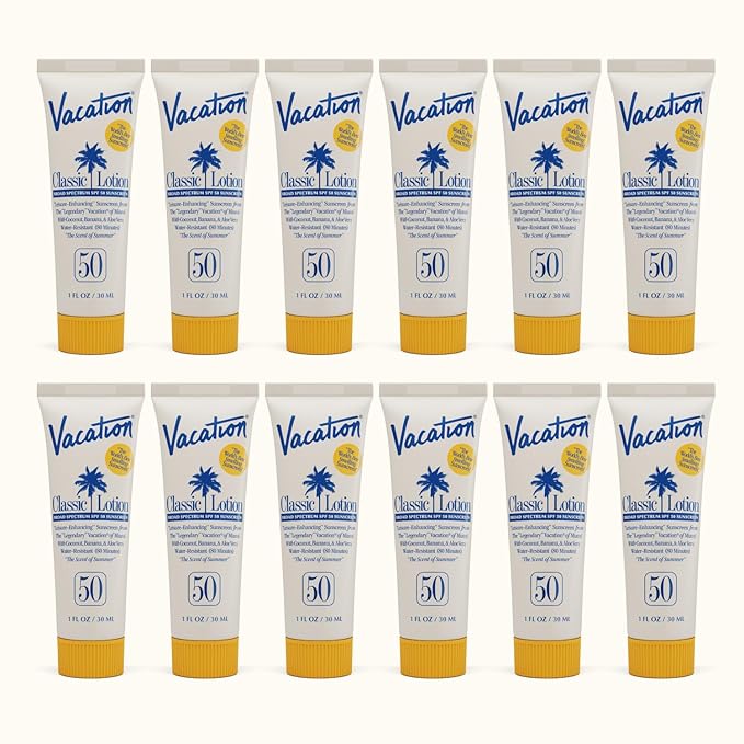 Vacation Mini Classic Lotion SPF 50, Water-Resistant, Mini Sunscreen Bulk Party Favor, Beach Must Haves, Traveling Essentials, Suntan Lotion Travel Size, 1 Fl. Oz. (Value Pack of 12)-FemmiqueWomen