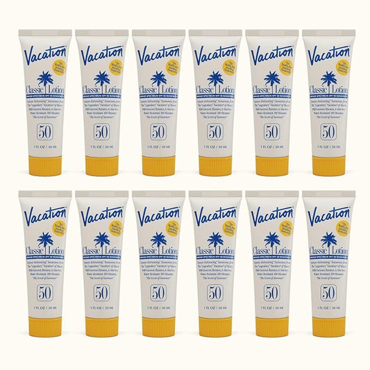 Vacation Mini Classic Lotion SPF 50, Water-Resistant, Mini Sunscreen Bulk Party Favor, Beach Must Haves, Traveling Essentials, Suntan Lotion Travel Size, 1 Fl. Oz. (Value Pack of 12)-FemmiqueWomen