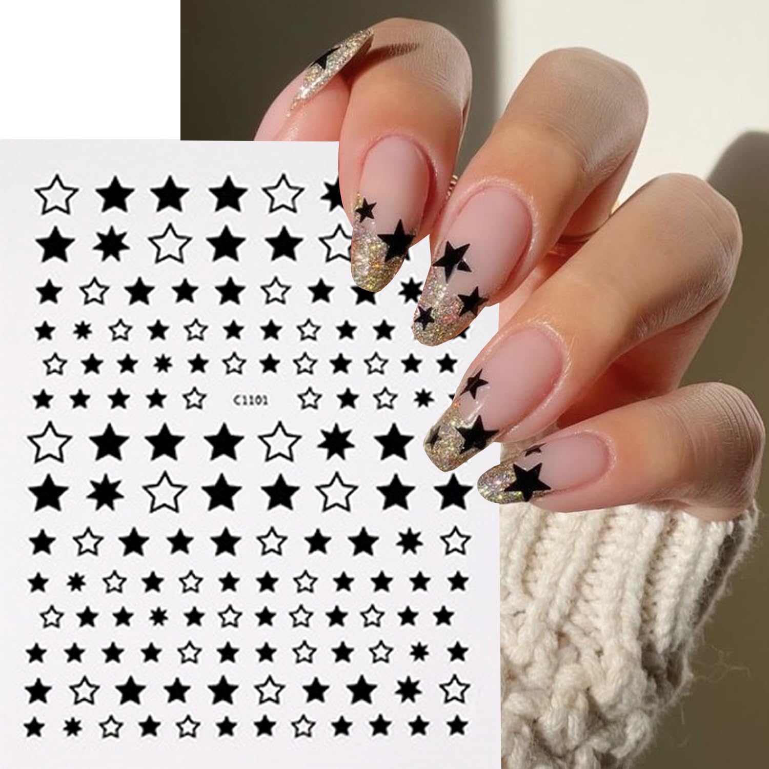 12 Sheets Stars Nails Stickers 3D Self Adhesive Nail Decals Stars Nail Design Shiny Starlight DIY Transfer Decal Colorful Star Nail Tip Sticker Pentagram Glitter Manicure Decoration-FemmiqueWomen